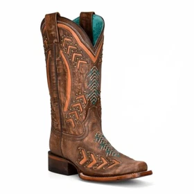 Corral Ladies Embroidery & Studs Brown Laser Square Toe Boots Z5009