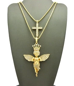 Hip Hop Crown Angel, Cross Pendant 24",27" Box Chain 2 Necklace Set