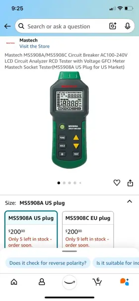 MS5908A MASTECH Lcd Digital Circuit Voltage Gfci Rcd Fault